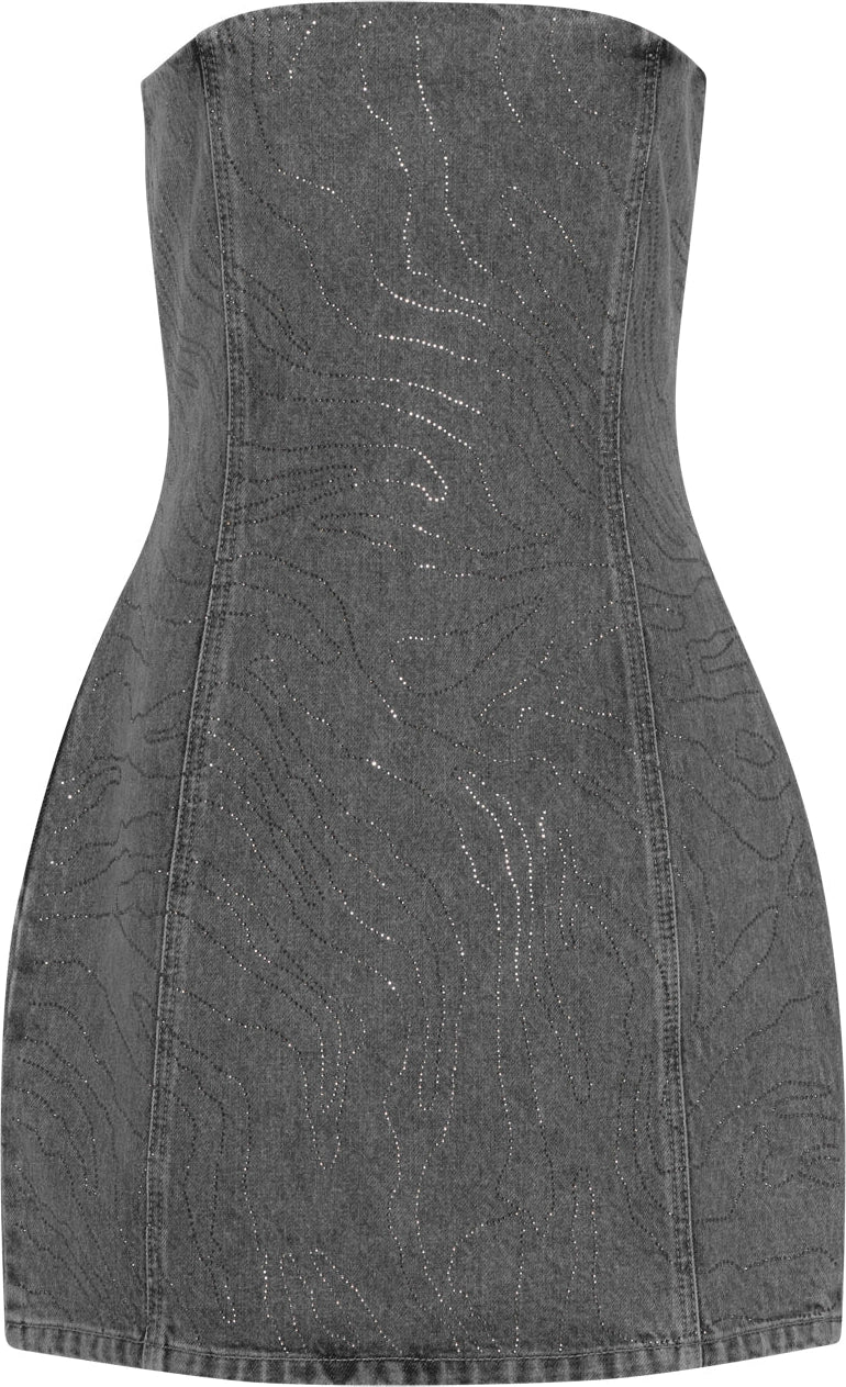 Rhinestone Denim Dress - Grey Denim