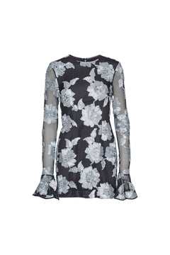 Flower Mesh Ls Mini Dress - Gray Pinstripe Comb.