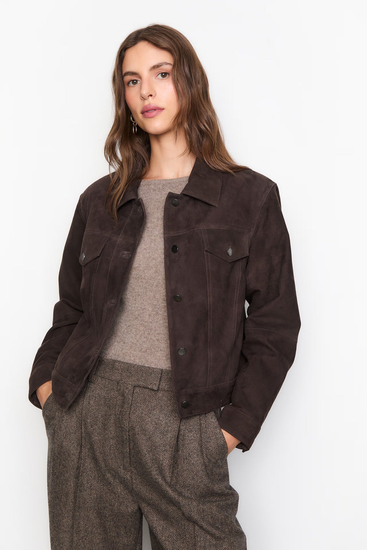 Leslie Leather Jacket - Mörkbrun Mocka