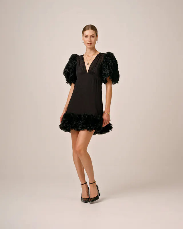 Georgette V-Neck Dress - Black