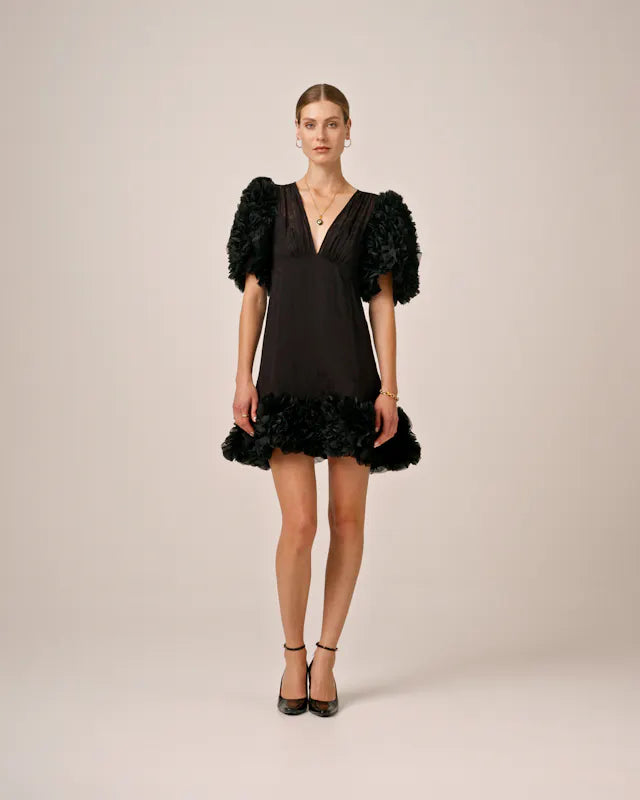 Georgette V-Neck Dress - Black