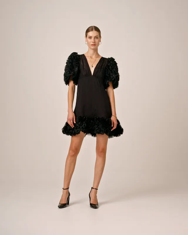 Georgette V-Neck Dress - Black