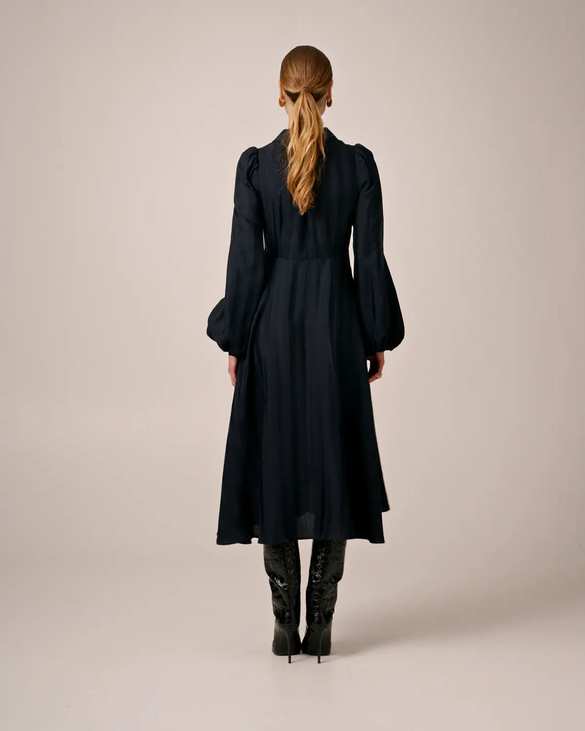 Striped Collared Midi Dress - Navy