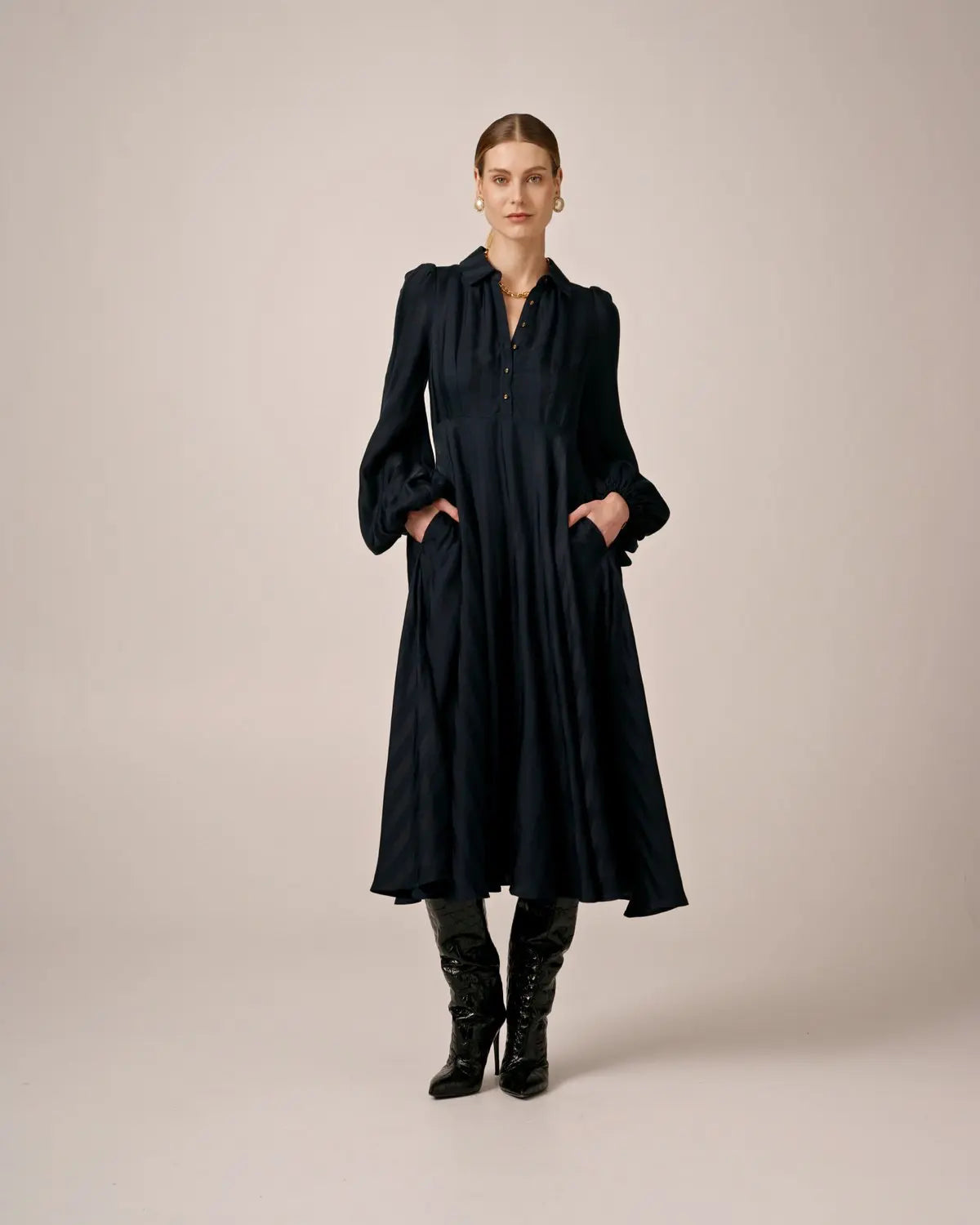 Striped Collared Midi Dress - Navy