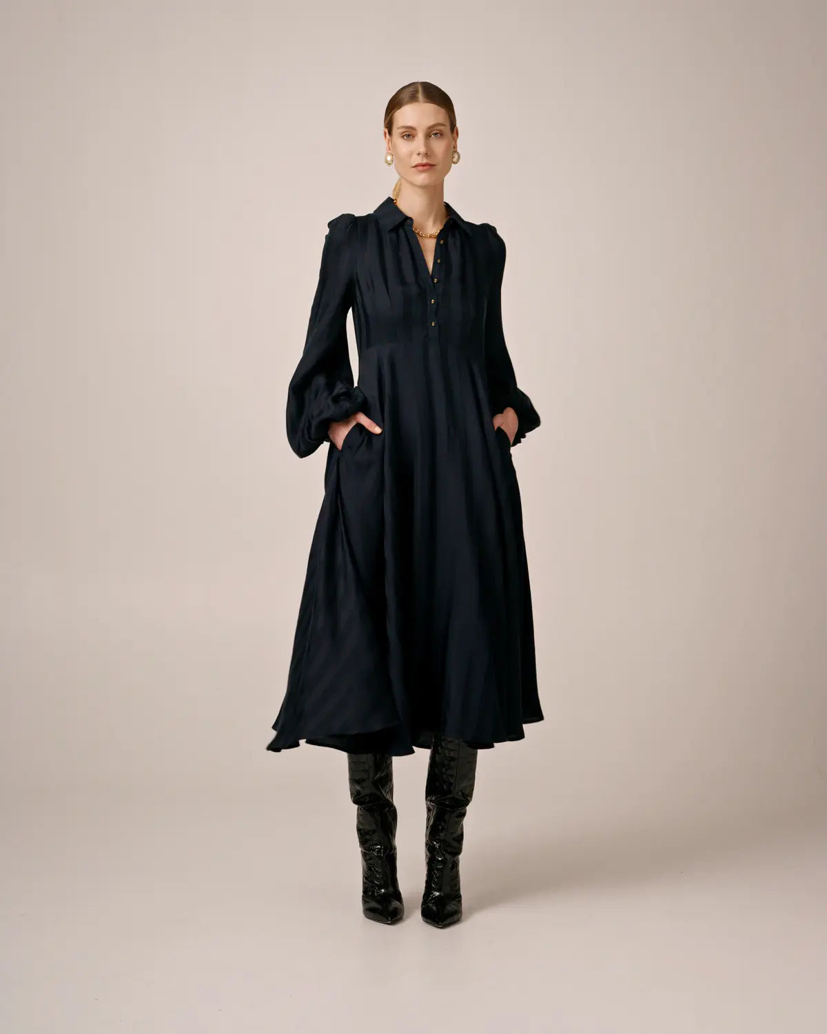 Striped Collared Midi Dress - Navy