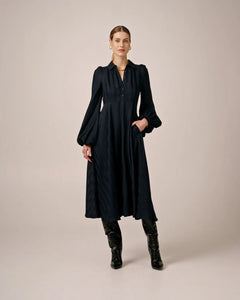 Striped Collared Midi Dress - Navy
