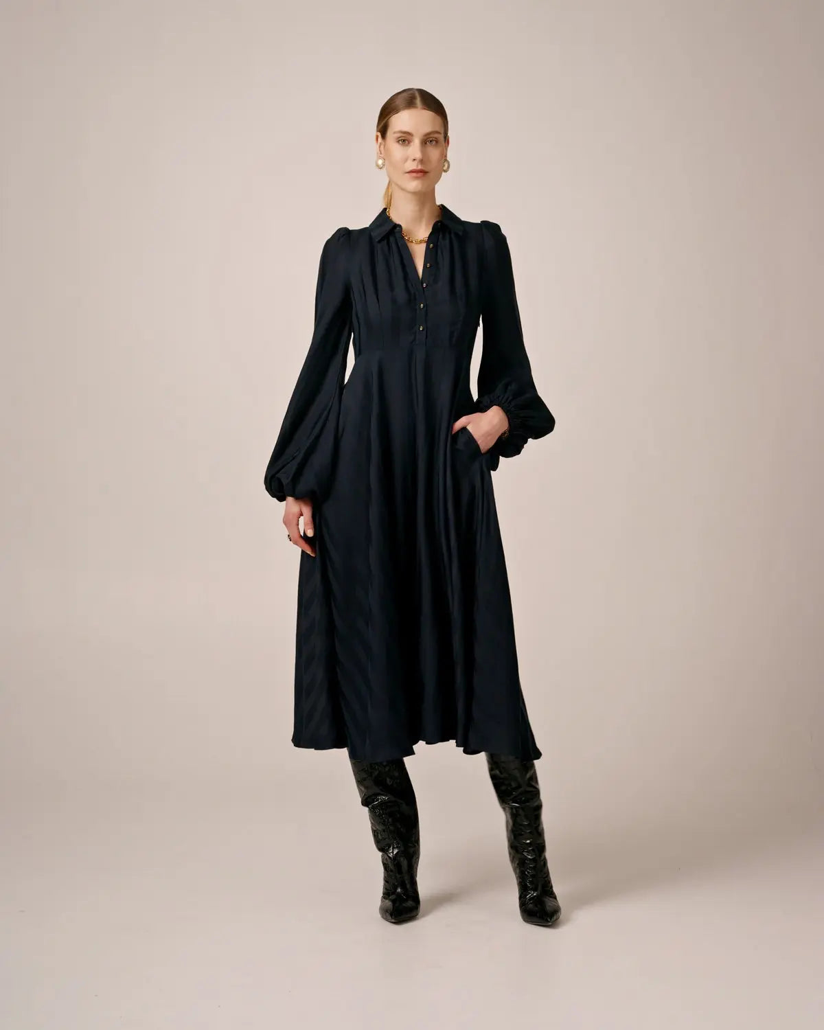 Striped Collared Midi Dress - Navy