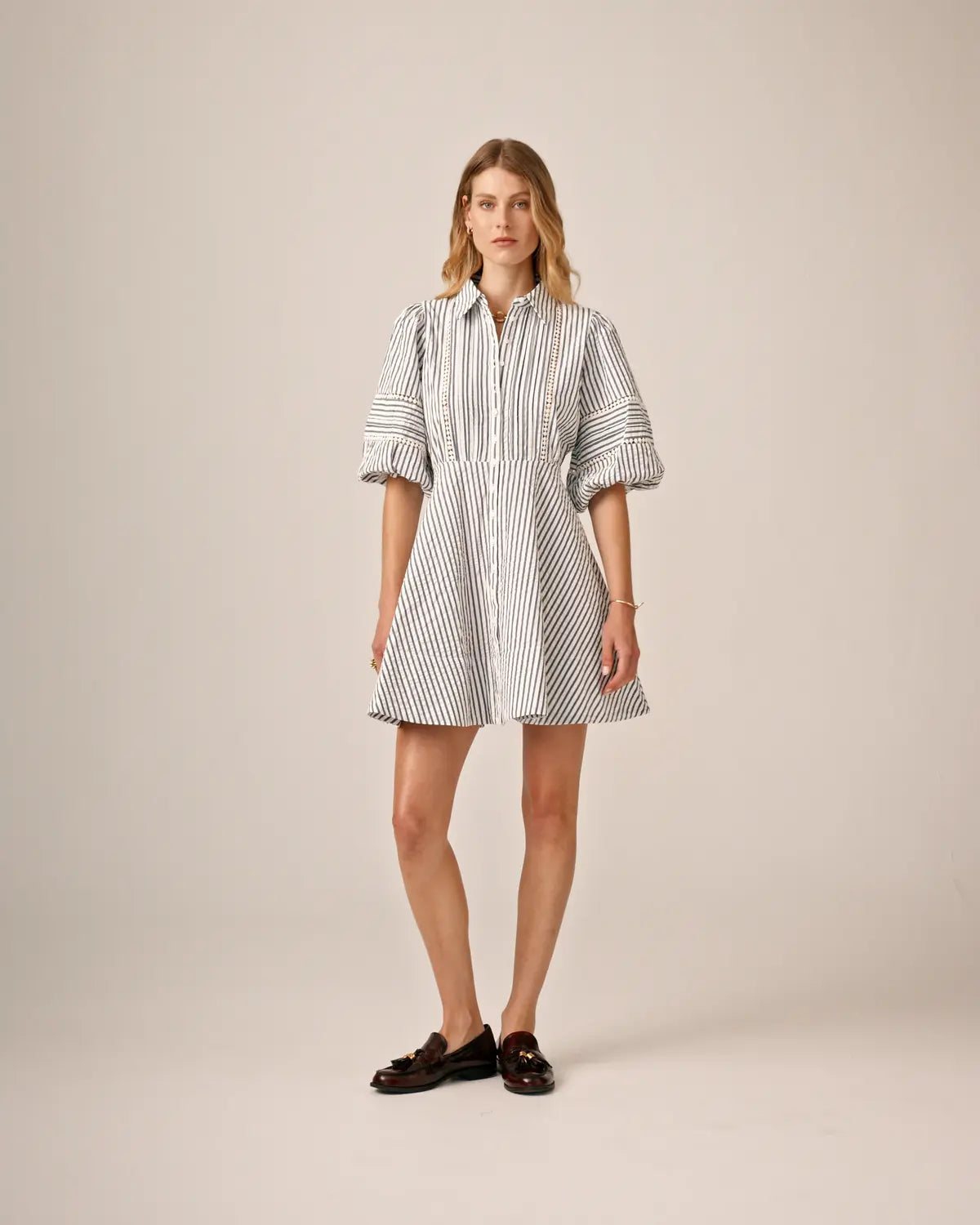 Seersucker Decorated Dress - Blå