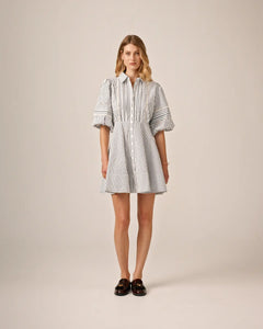Seersucker Decorated Dress - Blue Stripe