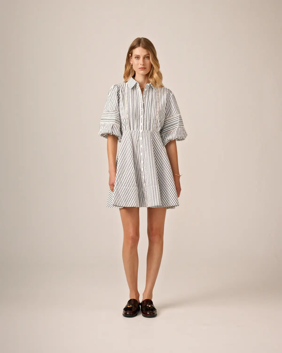 Seersucker Decorated Dress - Blå