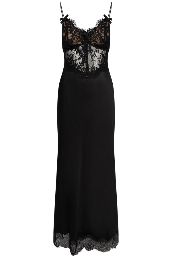 Black Satin Lace Midi Dress - Black