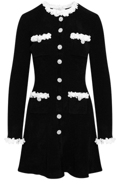 Black Chenille Knit Flower Trim Mini Dress - Black