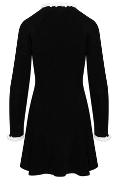 Black Chenille Knit Flower Trim Mini Dress - Black