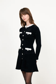 Black Chenille Knit Flower Trim Mini Dress - Black