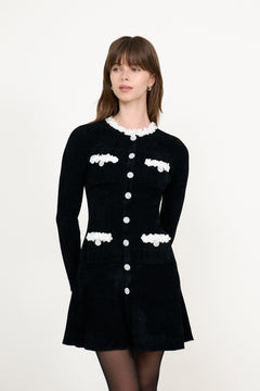 Black Chenille Knit Flower Trim Mini Dress - Black