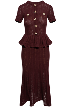 Burgundy Pointelle Peplum Knit Midi Dress - Burgundy