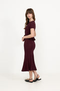 Burgundy Pointelle Peplum Stickad Midiklänning