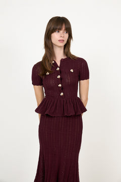 Burgundy Pointelle Peplum Knit Midi Dress - Burgundy