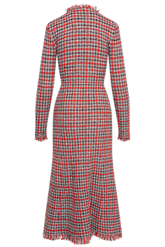 Red Check Frayed Knit Midi Dress - Red