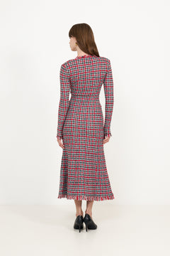 Red Check Frayed Knit Midi Dress - Red