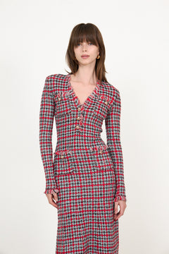 Red Check Frayed Knit Midi Dress - Red