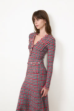 Red Check Frayed Knit Midi Dress - Red