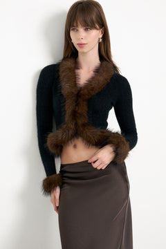 Black Faux Fur Knit Cardigan - Black