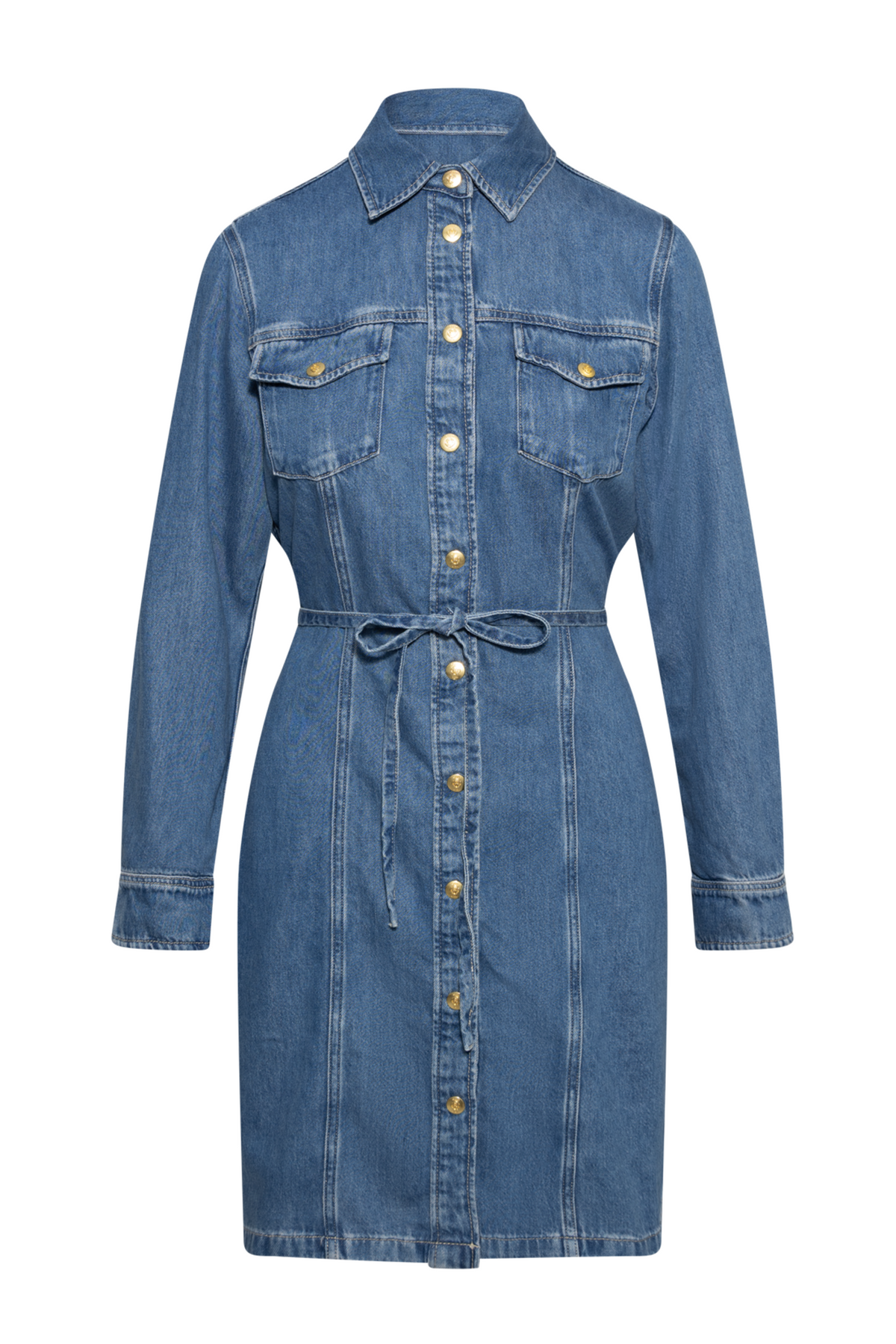 Gold Button Denim Shirt Dress - Mid Blue