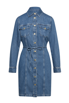 Gold Button Denim Shirt Dress - Mid Blue