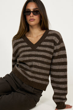 Maria Yak V-Neck Sweater - Brown Stripe