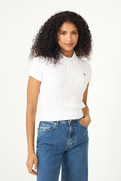Cable-Knit Cotton Cropped Polo Shirt - White