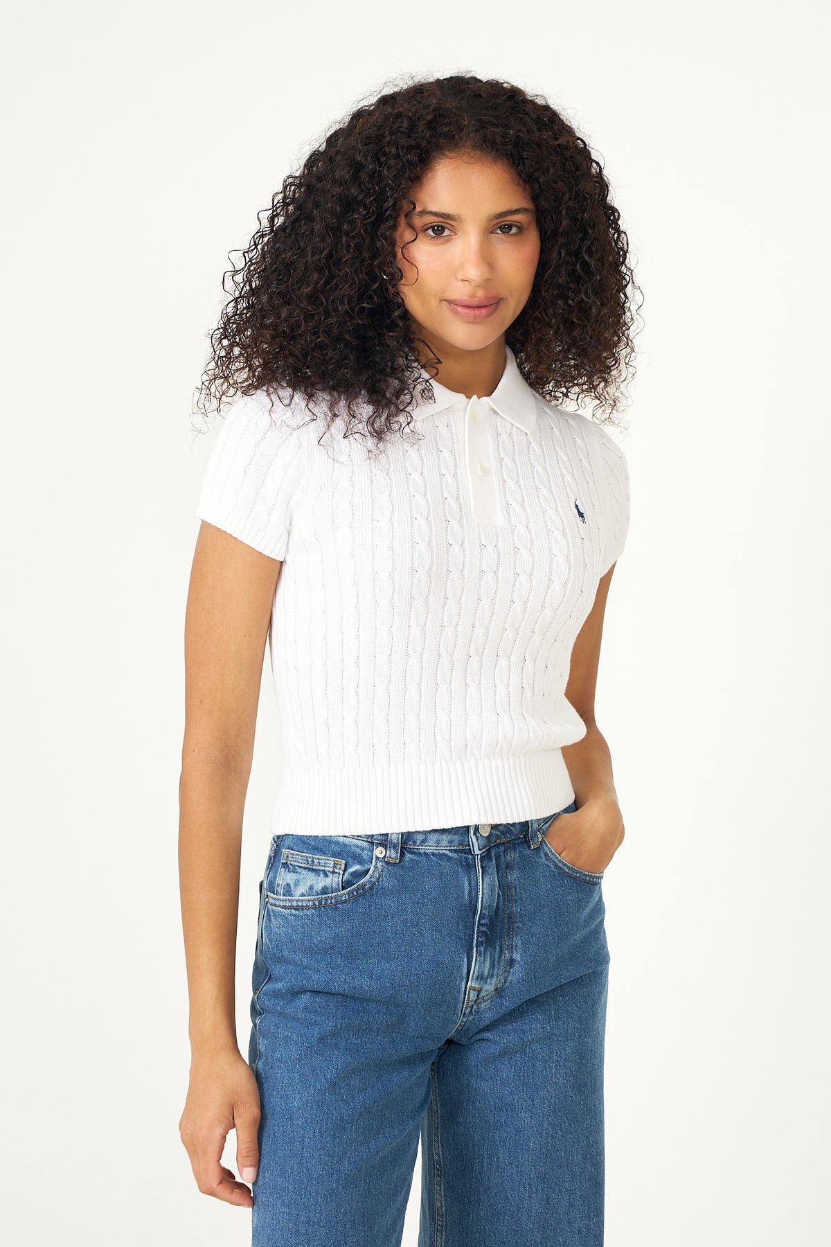 Cable-Knit Cotton Cropped Polo Shirt - Vit