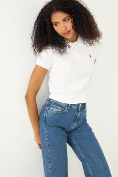 Cable-Knit Cotton Cropped Polo Shirt - White