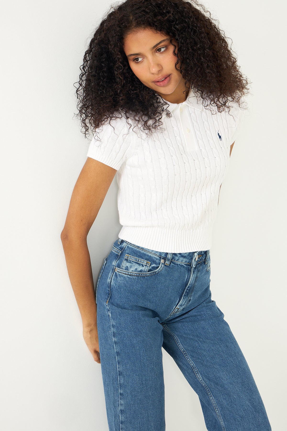 Cable-Knit Cotton Cropped Polo Shirt - Vit