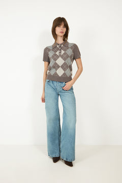 Gia Check Knit Blouse - Dark Taupe