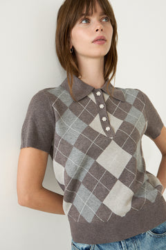 Gia Check Knit Blouse - Dark Taupe