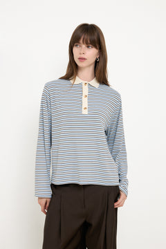 Lirenne Striped Polo Blouse - Light Blue