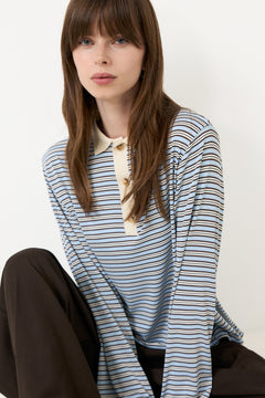 Lirenne Striped Polo Blouse - Light Blue