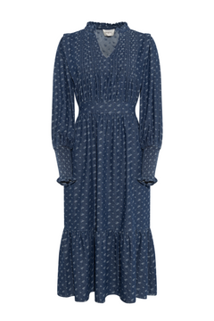 Evina Denim Flower Midi Dress - Blue Floral