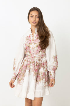 Liv Linen Mini Dress - Off-White / Pink
