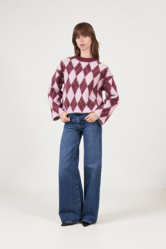 Lulu Brushed Ls Argyle Knit O-Neck - Tawny Port
