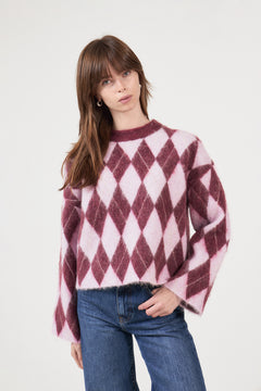Lulu Brushed Ls Argyle Knit O-Neck - Tawny Port