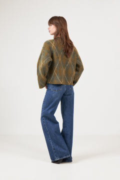 Lulu Brushed Ls Argyle Knit O-Neck - Kalamata