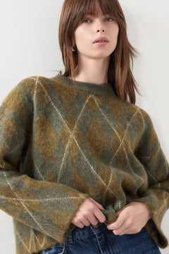 Lulu Brushed Ls Argyle Knit O-Neck - Kalamata
