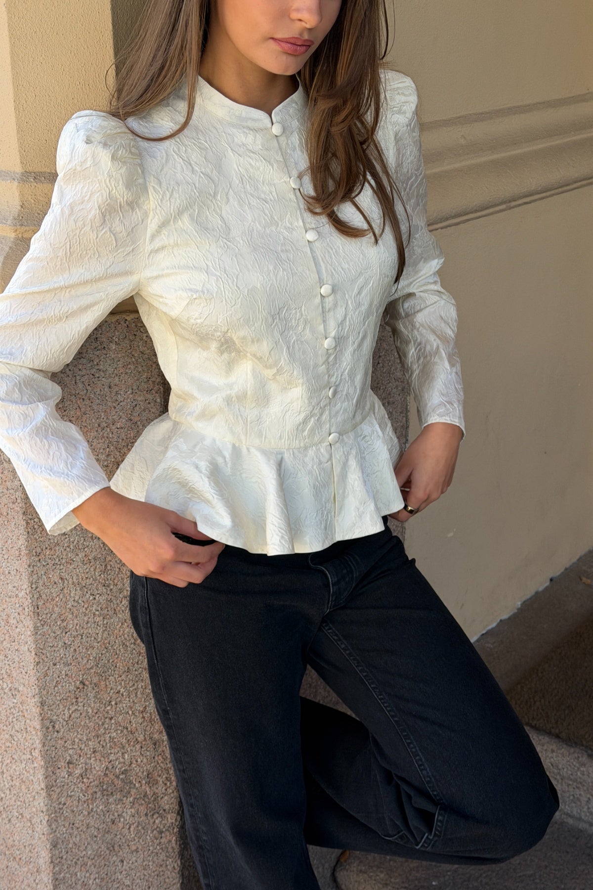 Kara Brocade Peplum Blouse - Creme