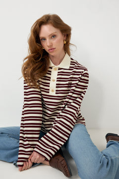 Isabelle Striped Polo Jumper - Burgundy