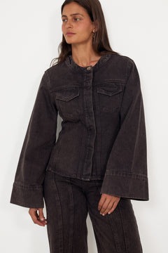 Meja Fitted Wide Sleeve Denim Shirt - Brown Wash