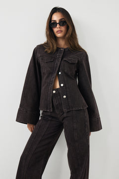 Meja Fitted Wide Sleeve Denim Shirt - Brown Wash