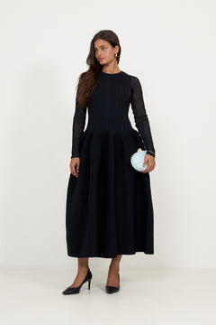 Elona Voluminous Skirt Knitted Midi Dress - Black