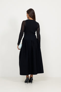Elona Voluminous Skirt Knitted Midi Dress - Black